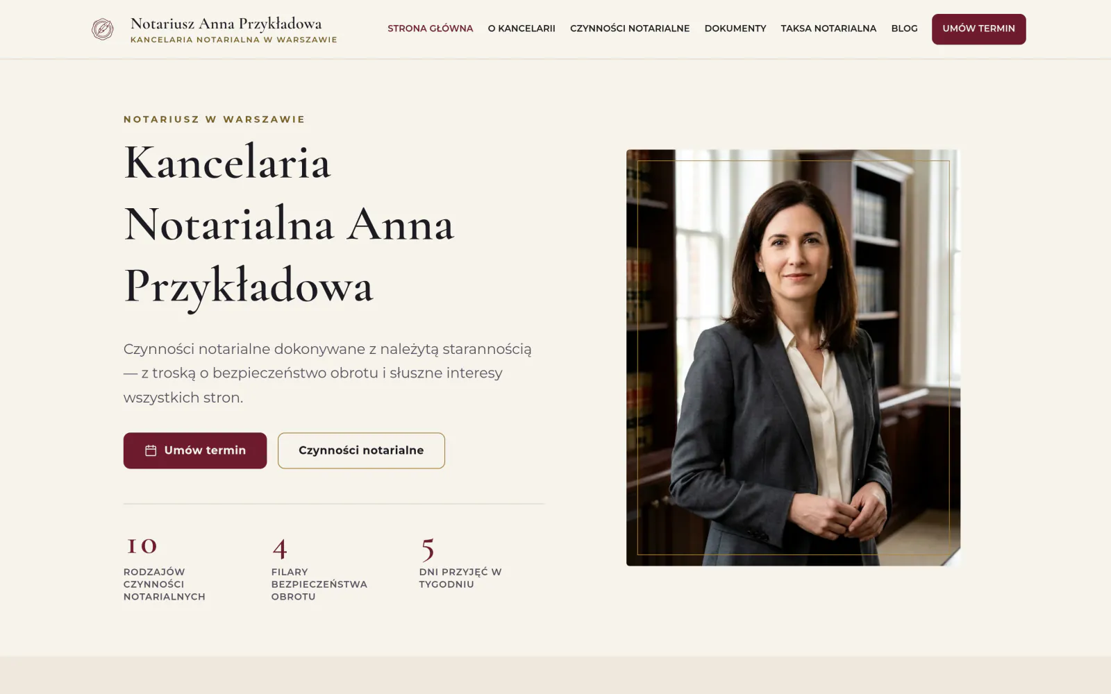 Zrzut ekranu makiety: Strona www dla notariusza — Kancelaria notarialna · czynności i taksa